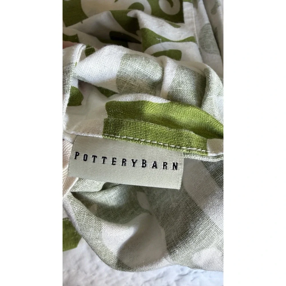 Pottery Barn Garden Gate Duvet Cover King Size Linen Cotton Green White Scroll